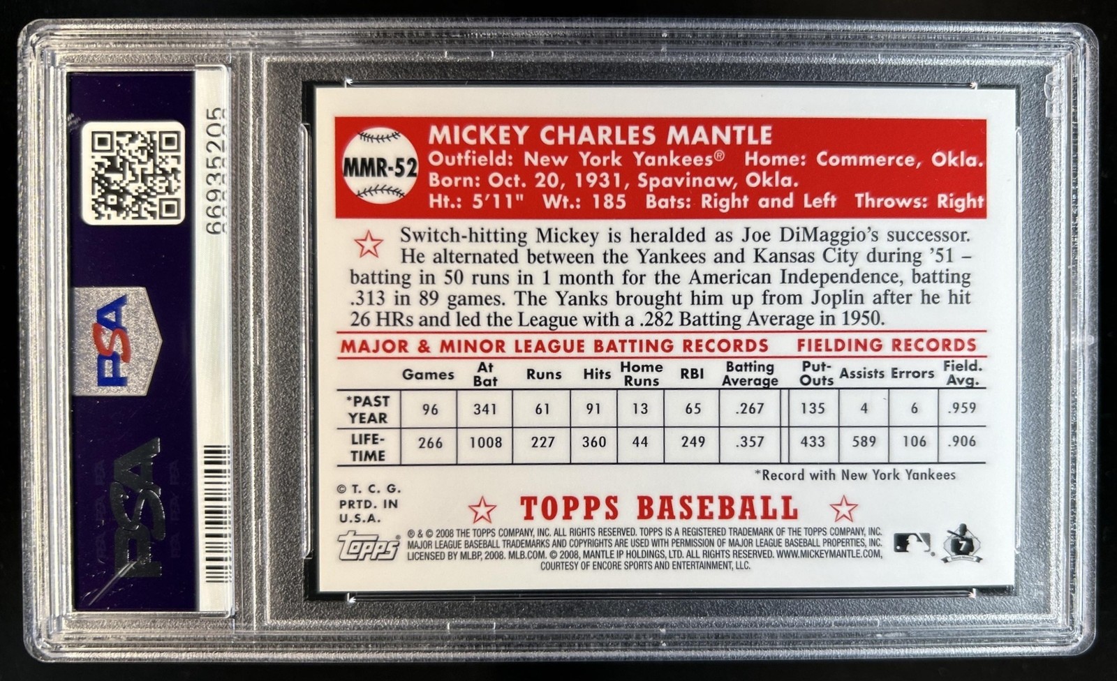 2008 Topps Mickey Mantle Reprints Gold #MMR-52 New York Yankees PSA 9 view 2