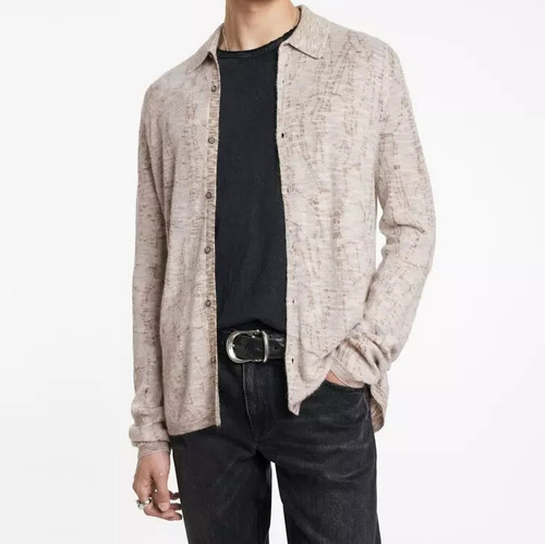 JOHN VARVATOS Shirt Mens XL Tan Marble Button Up Mohair Wool Knit $495