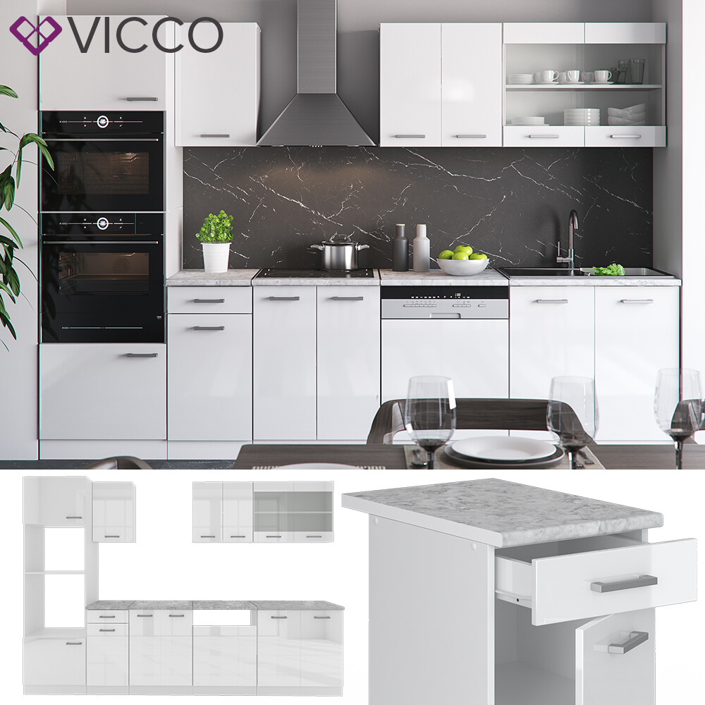 Bloc Cuisine R-Line Vicco – 300 Cm, Blanc Brillant, Cuisine équipée Neuve