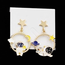 Moon Planet Star Spaceman Earrings Multicolor Enamel Earbob Dangle Girl Jewelry