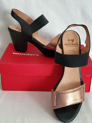 Wonders Sandals Women’s Black Rose Gold Leather Ankle Strap Platform Heels Spain - Picture 23 of 23