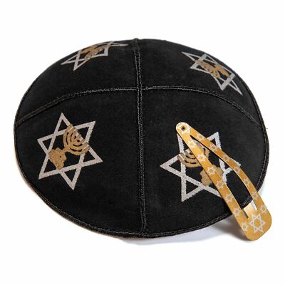 16 cm jüdisches Leder schwarz Kippa Yarmulke Menora Davidstern Design