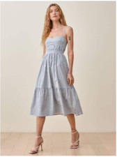 REFORMATION LAURETTE SMOCKED BACK WHITE/BLUE STRIPED MIDI DRESS sz 2