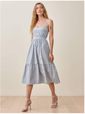 reformation blue and white dress Reformation Vivi Silk Aliso Blue Floral Bandeau Halter Dress – The Closet  New York