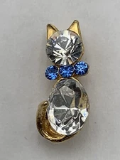 ONE SET GOLD TONE & CRYSTAL KITTY NECKLACE, EARRINGS AND LAPEL OR TIE TACK