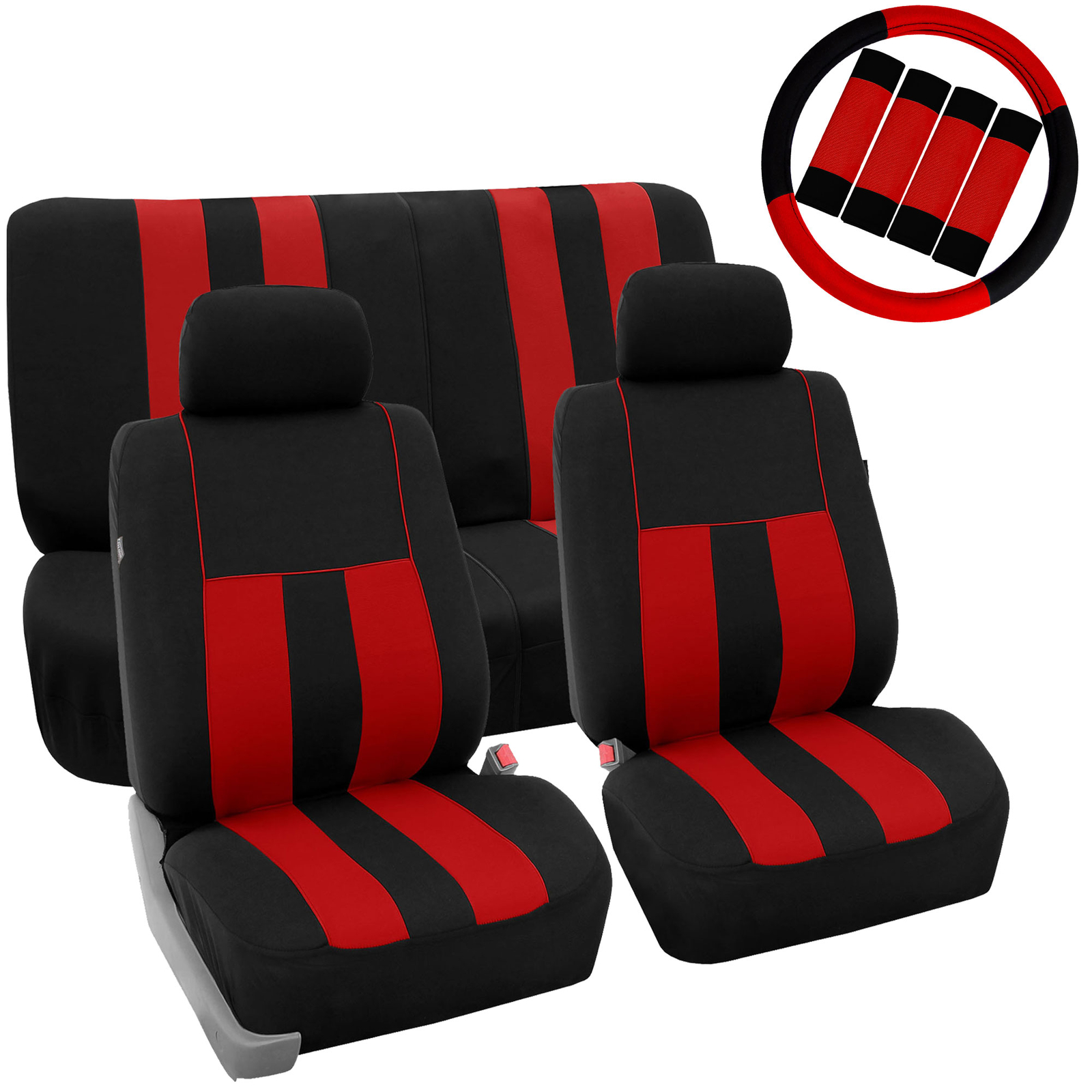 Full Car Seat Covers For Auto Red Black w/ 2 Head Rest/Steering/Belt Pads