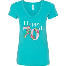 Inktastic Happy 70th Birthday With Roses Women's V-Neck T-Shirt Birthdays Adult