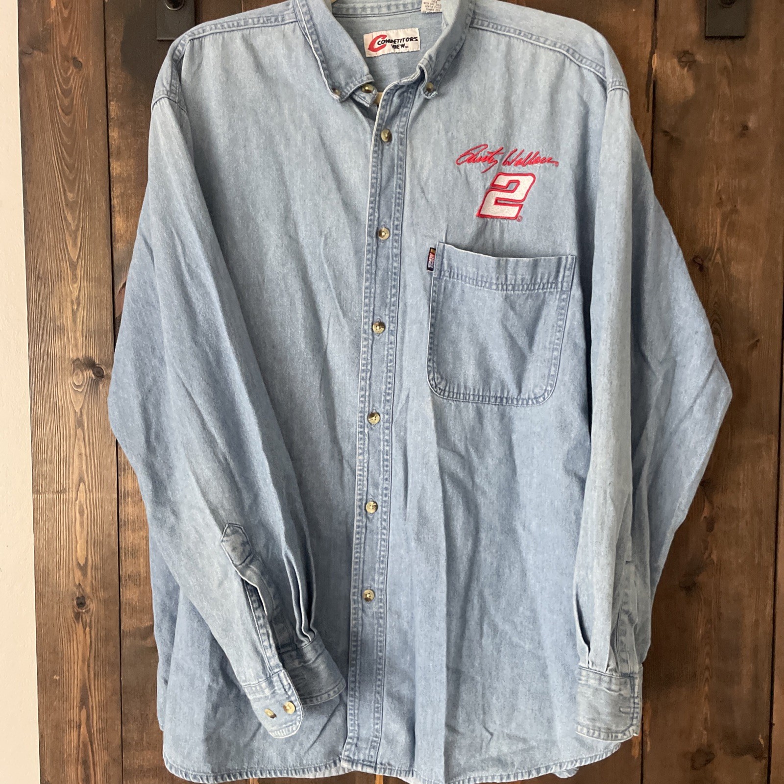 Men’s Large Denim NASCAR Rusty Wallace Long Sleeve Button Down Shirt Vintage