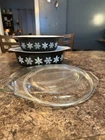 Vintage Pyrex Matte Black with White Snowflakes 1-1/2 Qt & 2 QT Casserole w/ Lid