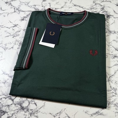 Fred Perry Herren Graswurzel grün Doppelspitze T-Shirt Größe Large M1588V 85A neu mit Etikett