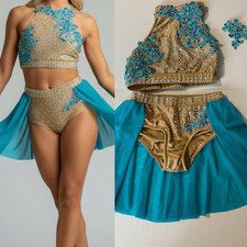 Glamour solo dance costume 2 piece teal tan embellished MC-Medium child