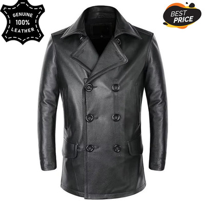 Men s Black Real Leather Trench Coat Double Breasted Long Western Overcoat