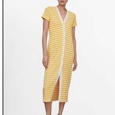 Mango Women Striped Jersey Midi Dress Yellow White coastal beach vacation sunny
