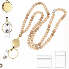 Retractable Beaded Lanyard ID Badge Holder Key Chain Cute Wooden Women