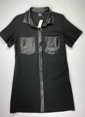 NWT GAP Vegan Leather Mini Shirt Dress Black Snap Front Small Petite MSRP $89