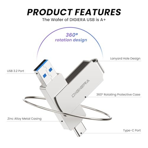 128GB 2-in-1 USB-A & USB-C Flash Drive, USB 3.2, 500MB/s Read, Compact ...