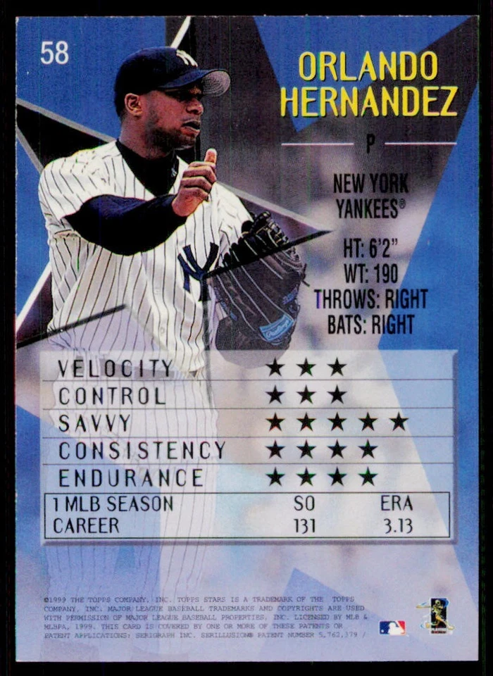 1999 Topps Stars #58 Orlando Hernandez New York Yankees  - Image 2 of 2