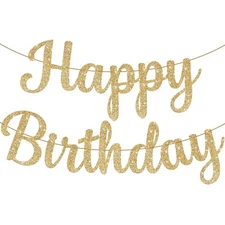 KatchOn, Glitter Gold Cursive Happy Birthday Banner - Pre-Strung, 10 Feet | B...