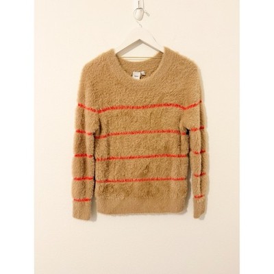 ICHI Tan Red Striped Crew Neck Sweater Fuzzy Size Small S