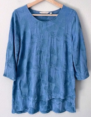 Soft Surroundings Cecile Tunic Size M Blue Floral Embroidered Asymmetrical Hem