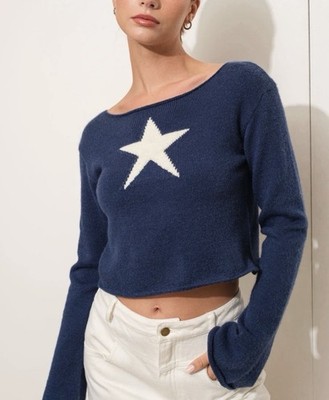 Pretty Garbage Women s Cropped Star Sweater Medium Navy Blue Y2K Aesthetic NWT 