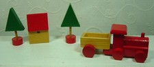 TINY 5 PIECE WOODEN TRAIN SET-2 CARS, HOUSE  2 TREES