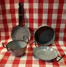 Antique Toy Set Of 4 Grey Gray Enamelware Graniteware Childrens Doll Dishes
