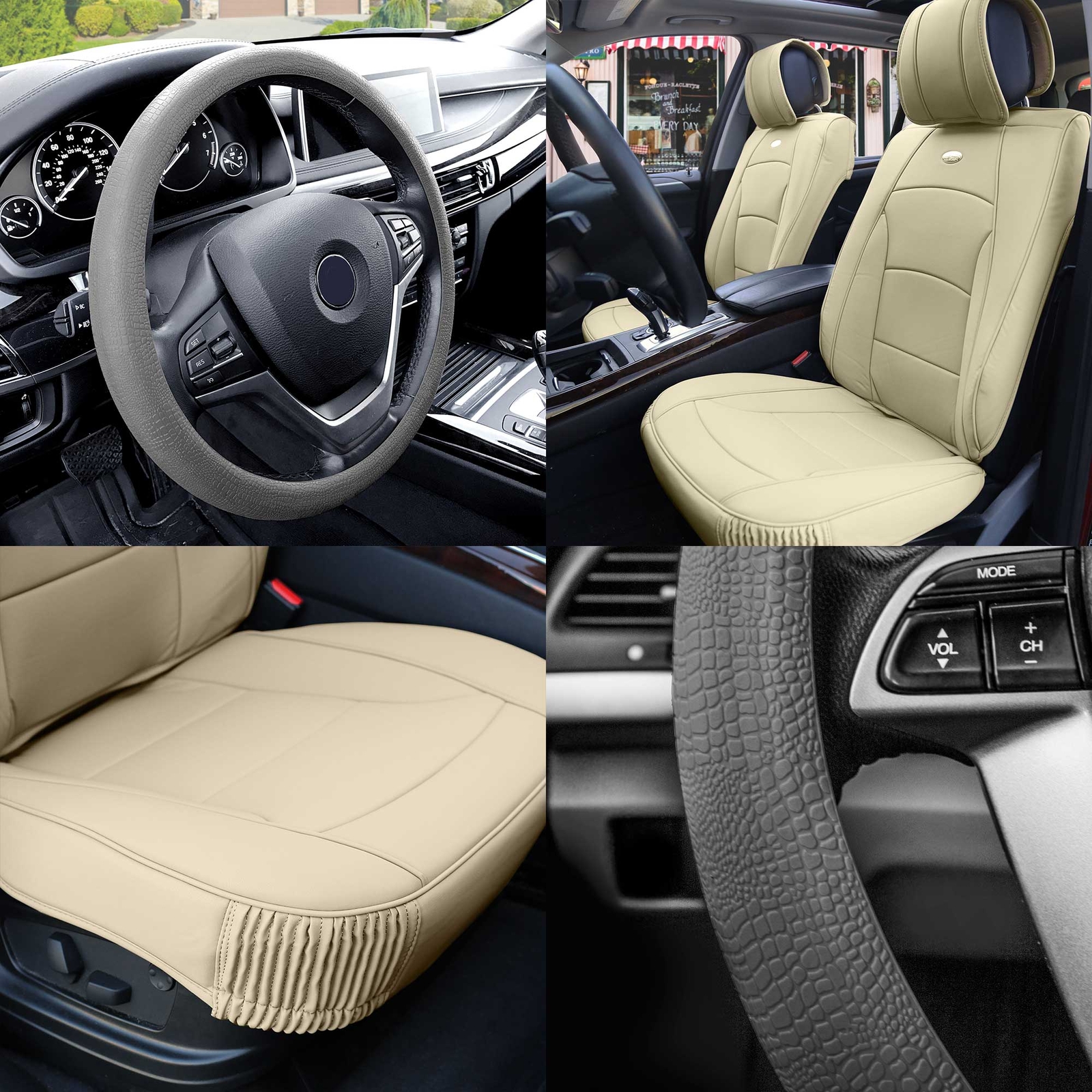 Car Seat Cover Leatherette Buckets Solid Beige w/ Gray Steering Cover For SUV