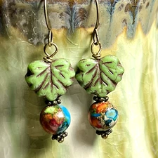 Bronze Tone Czech Picasso Maple Leaf Dangle Earrings. Fall. Artisan. Trees. S670