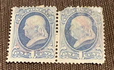Franklin 1 Cent Stamps Scott 156 1873 Continental Hard Paper Used Pair