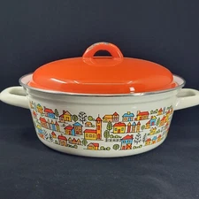VTG '70s Enamel Stock Soup Pot Orange Lid Country Village Design National Silver