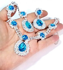 Choker Statement Necklace Earring Set Rhinestone Crystal Aqua