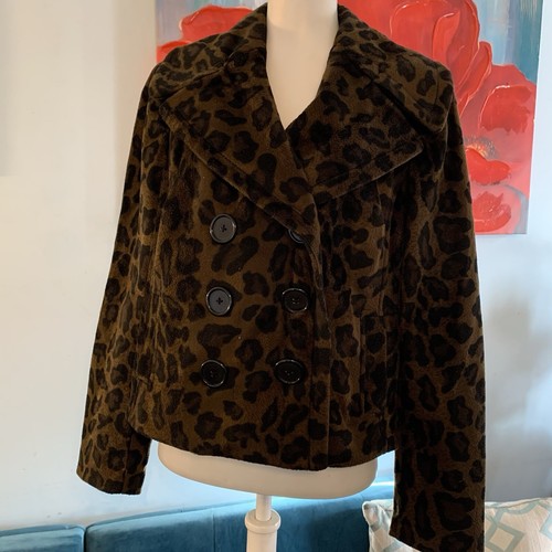 INC International Concepts Faux Leopard Fur Brown Jacket Coat Size M MP Petite