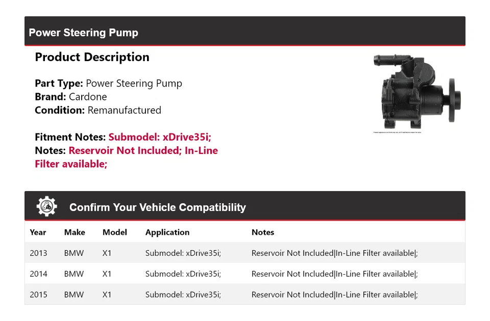 For 2013-2015 BMW X1 xDrive35i Power Steering Pump Cardone 2014 - Image 2 of 4