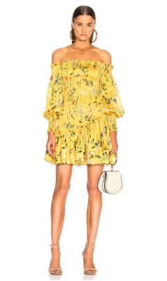 Alexis Yellow Floral Printed Off The Shoulder Smocked Mini Dress sz XS Summer