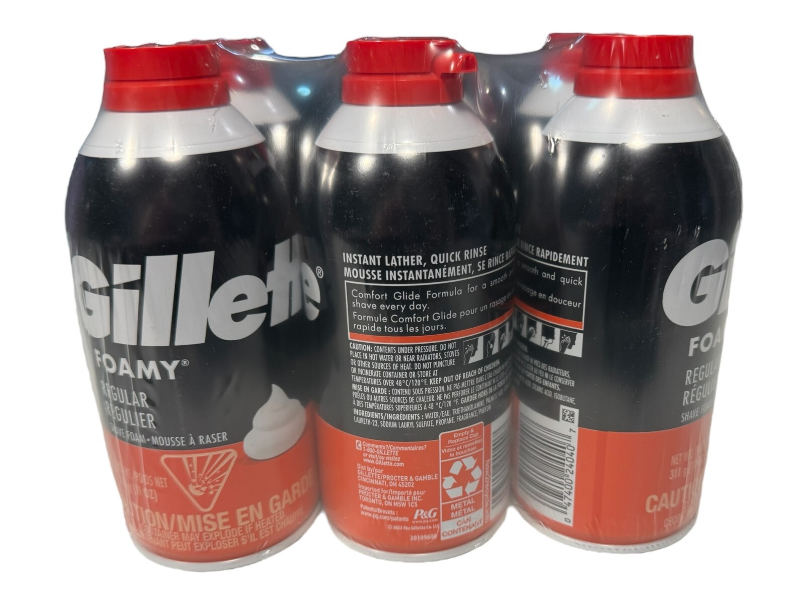 Gillette Shave Foamy Regular Red & Blue Can 11oz, 6 Pack, New