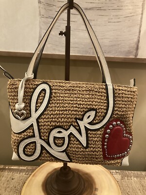 Brighton LOVE STORY Straw Handbag Tote Red Studded Heart MSRP $285 New