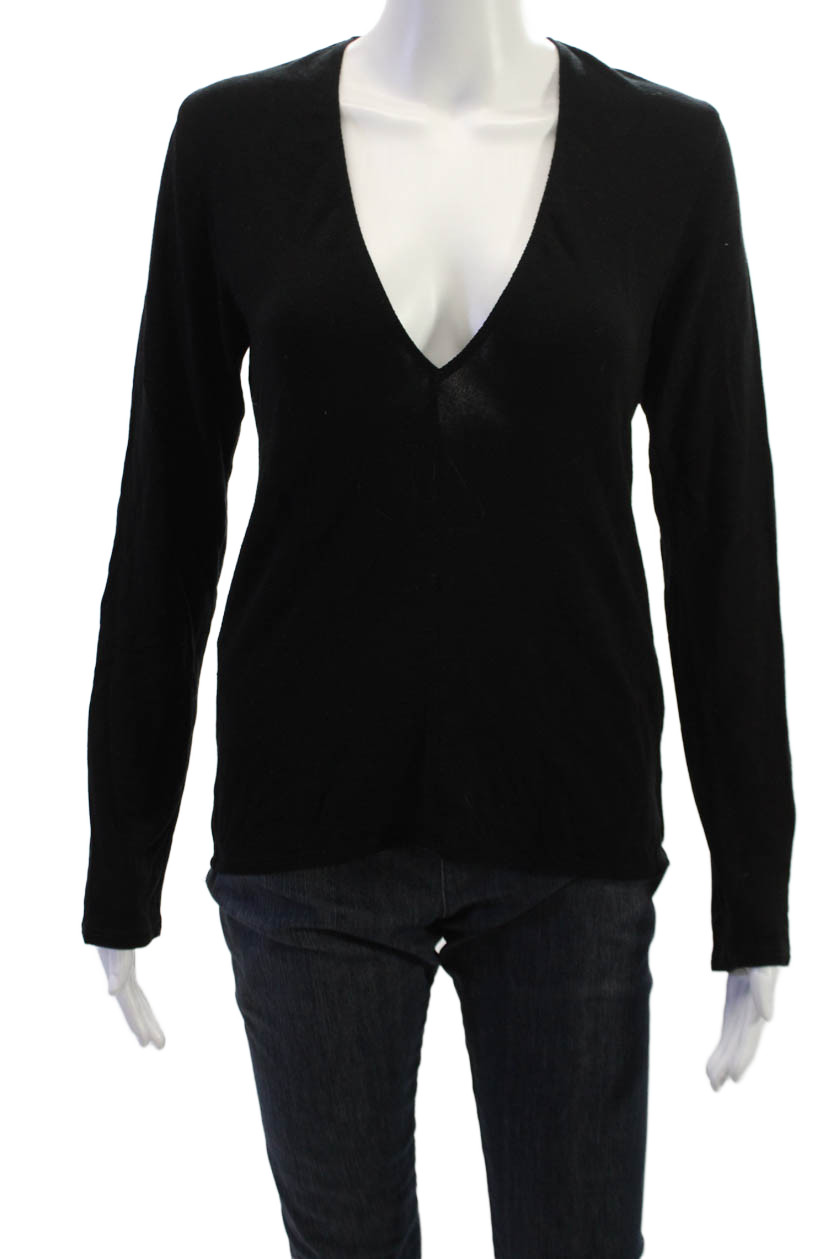 Reformation Women Black V-Neck Long Sleeve Basic Cotton Blend Top Size XSFree Shipping in US $100+ Orders | $6.95 Orders Below