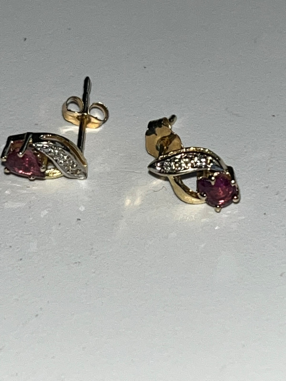 14K Solid Yellow Gold Ruby and Diamonds Stud Earr… - image 1