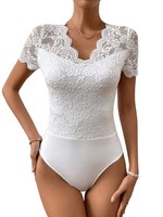 Spitzenbody Damen Elegant Kurzarm V Ausschnitt Slim Fit Figurbetont Weiß GrößE S