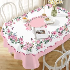 Oval Rose Floral Tablecloth 60x84 Inch Pink Watercolor Waterproof