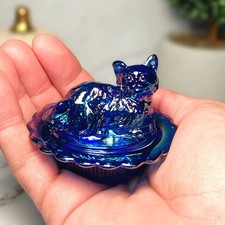 Mosser Cobalt Blue Carnival Glass Cat on Nest Salt Dish, Kitten, Vintage Style