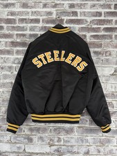 Vtg Pittsburgh Steelers Spell Out Men Large Satin Jacket Chalk Line Embroidered