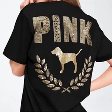 Victoria's Secret PINK Campus Short Sleeve Tee Black Gold Bling Sequins Small