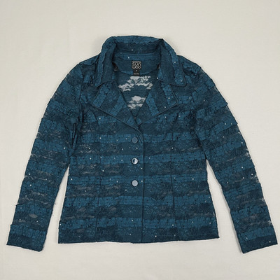 Clara Sun Woo Blazer Jacket Womens Medium Teal Blue Lace Sequin Sheer Dressy