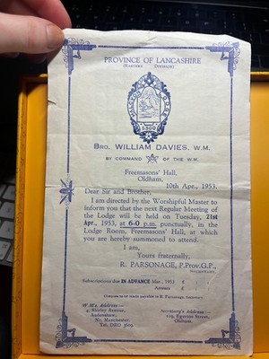 Freemasons Halcyon Lodge No 5300 Oldham 1953-54 Summons Accounts Paper Lot