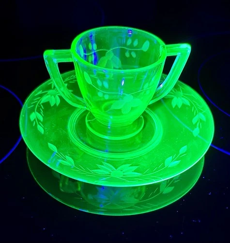 Vintage Greensburg Uranium Vaseline Glass Sugar Bowl & Saucer, Excellent, GLOWS
