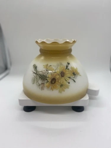 Vtg Milk Glass Hurricane Lamp Shade Yellow Amber Daisy Floral Ruffle Top  8” Fit