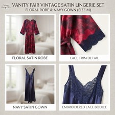 Vanity Fair Vintage Women's L Floral Satin Robe Navy Gown Set Lace Tie