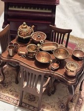 Lot of vintage cooper brass metal cookware trays bowls teapots dollhouse